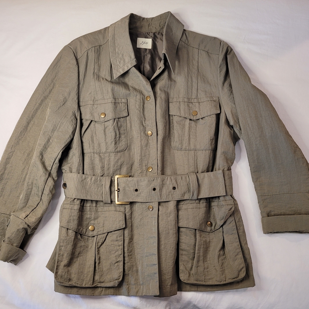 J. Jill Belted Safari Jacket Khaki Button Front Collared Mid-Length Pockets